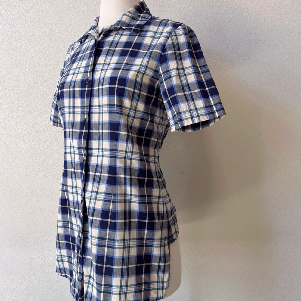 Vintage Laura Ashley UK Plaid Button Up Shirt 6 High Low Hem Short Sleeve Tunic - Picture 8 of 9